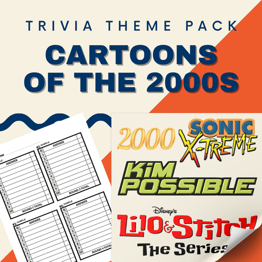 Cheap Trivia's "Cartoons of the 2000s Trivia Night Theme Pack" offers fun trivia sheets and logos from Sonic X-treme, Kim Possible, and Lilo & Stitch: The Series for an exciting themed event.