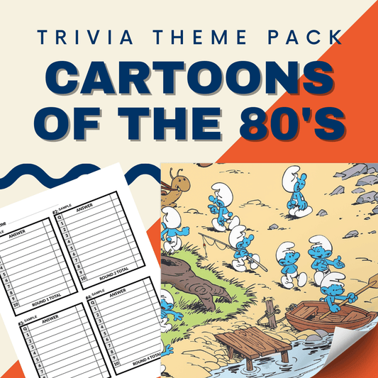 The "Cartoons of the 80s Trivia Night Theme Pack" by Cheap Trivia features a quiz sheet and beloved cartoon characters from 1980s animated series crossing a stream.