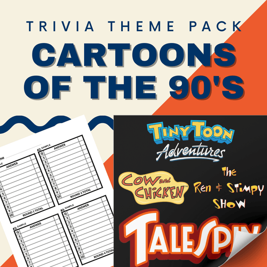 The Cheap Trivia "Cartoons of the 90s Trivia Night Theme Pack" cover features logos from Tiny Toon Adventures, Cow and Chicken, The Ren & Stimpy Show, and TaleSpin. It's perfect for trivia nights or retro cartoon quizzes and includes a trivia answer sheet template.