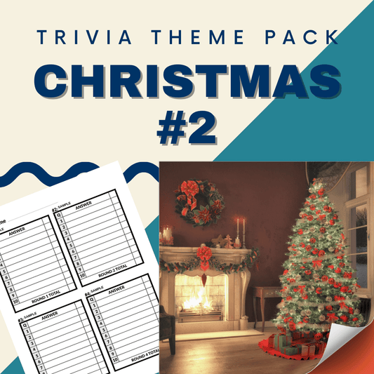 Prepare for a festive trivia night with the Christmas #2 Trivia Night Theme Pack by Cheap Trivia! This holiday quiz set, featuring a decorated tree, cozy fireplace, and answer sheets, is perfect for celebrating the season while testing your knowledge.