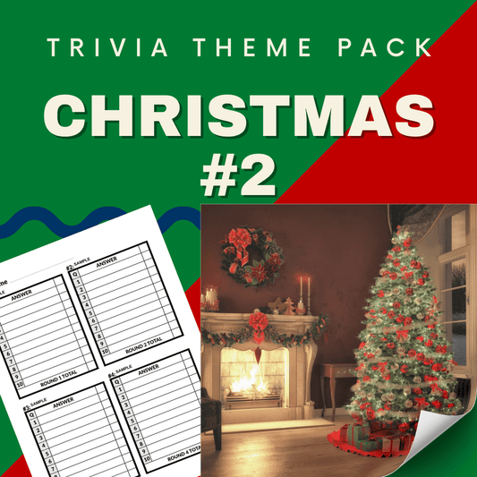 Introducing Cheap Trivia's Christmas #2 Trivia Night Theme Pack! Envision a cozy holiday setting with a twinkling tree and warm fireplace, perfect for an engaging quiz. Answer sheets are ready for your festive knowledge in this ultimate yuletide challenge!.