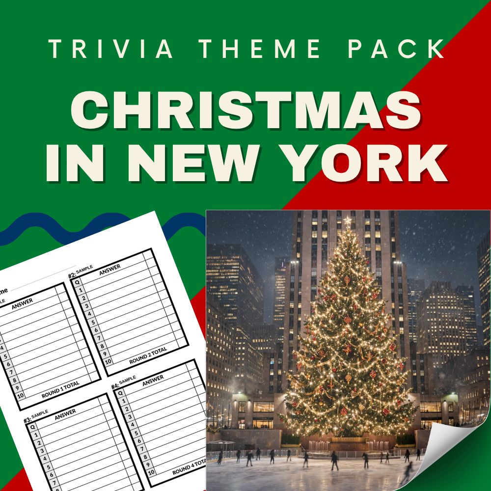 Christmas in New York trivia night theme pack cover - Rockefeller Center tree Rockettes quiz questions