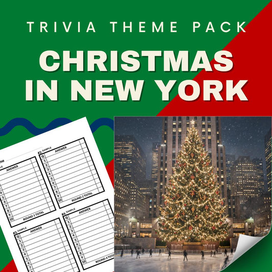 Christmas in New York trivia night theme pack cover - Rockefeller Center tree Rockettes quiz questions