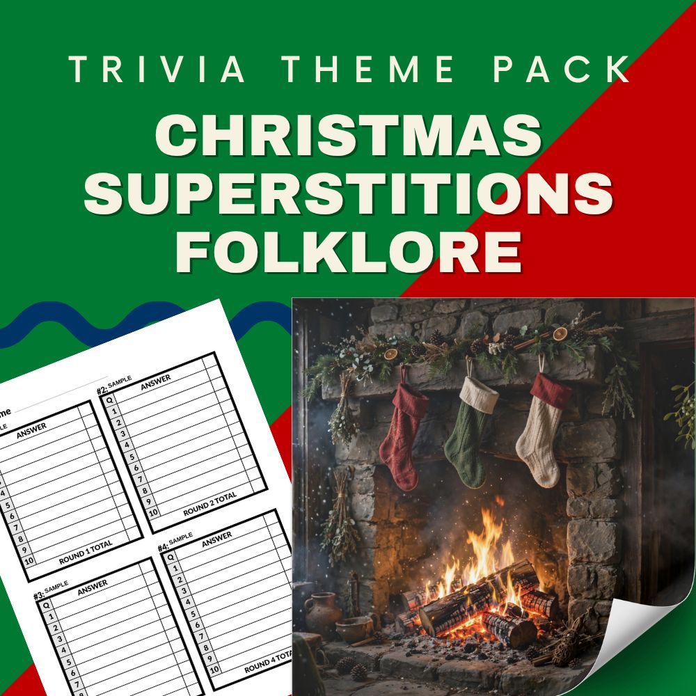 Christmas superstitions and folklore trivia night theme pack cover - Krampus Yule Cat holiday legends quiz