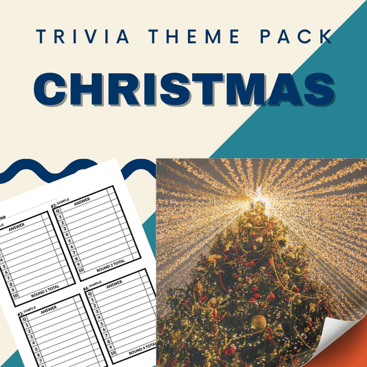 The Christmas Trivia Night Theme Pack by Cheap Trivia features a cover with a beautifully decorated tree and festive question sheets, perfect for holiday-themed trivia nights.