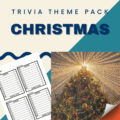 Image from the Fall & Winter Holiday Trivia Night Bundle by Cheap Trivia, featuring a decorated Christmas tree and trivia answer sheets.