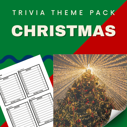 The Christmas Trivia Night Theme Pack by Cheap Trivia features a cover with a beautifully decorated tree and festive question sheets, perfect for holiday-themed trivia nights.