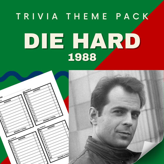 Die Hard 1988 trivia night theme pack cover - Bruce Willis Nakatomi Plaza Christmas action movie quiz