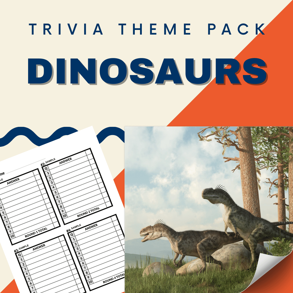 The Dinosaurs Trivia Night Theme Pack by Cheap Trivia has a cover showing a question sheet on the left and two dinosaurs on rocks in a grassy landscape, evoking the Prehistoric Era. Ideal for budding paleontologists!.