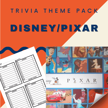 The Disney Trivia Night Bundle from Cheap Trivia features a cover with Disney/Pixar character images and includes blank answer sheets.