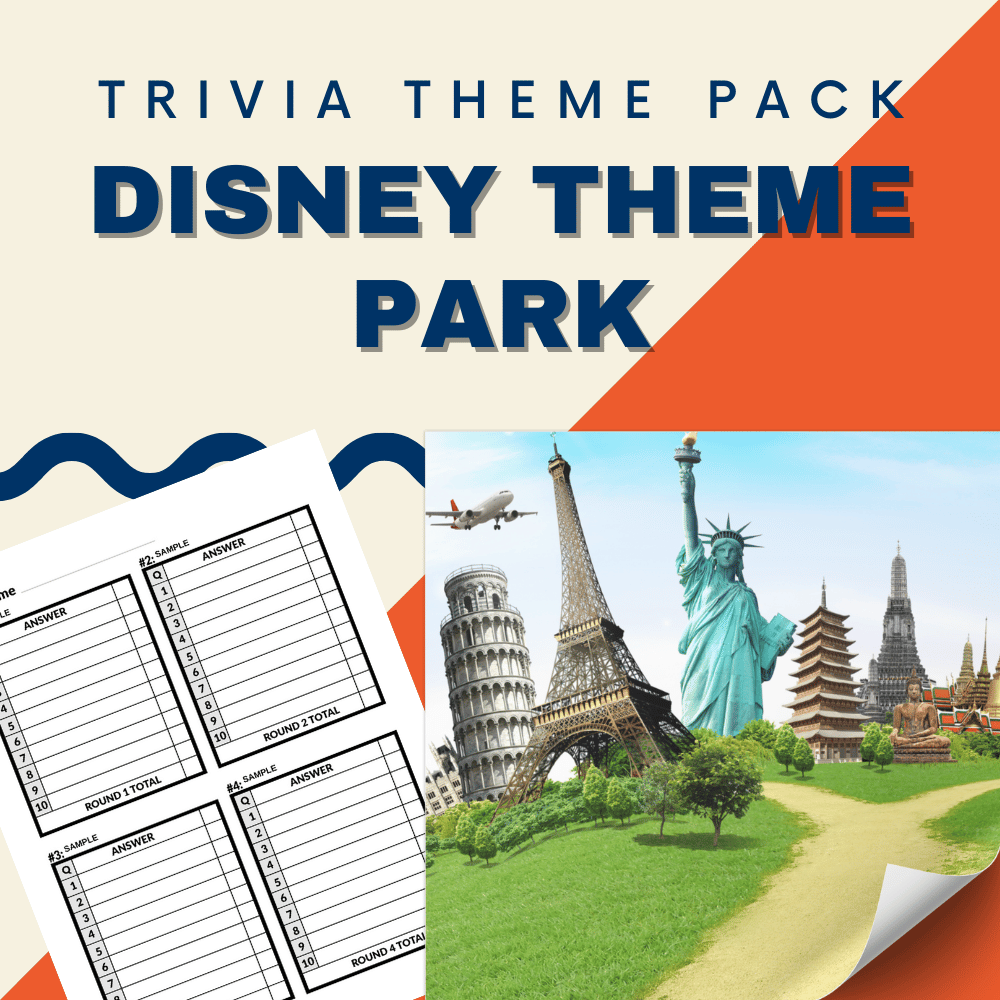 Disney Trivia Night Bundle cover by Cheap Trivia, featuring "Disney Theme Park" text, trivia answer sheets, and landmarks like the Eiffel Tower and Statue of Liberty on a vibrant background.