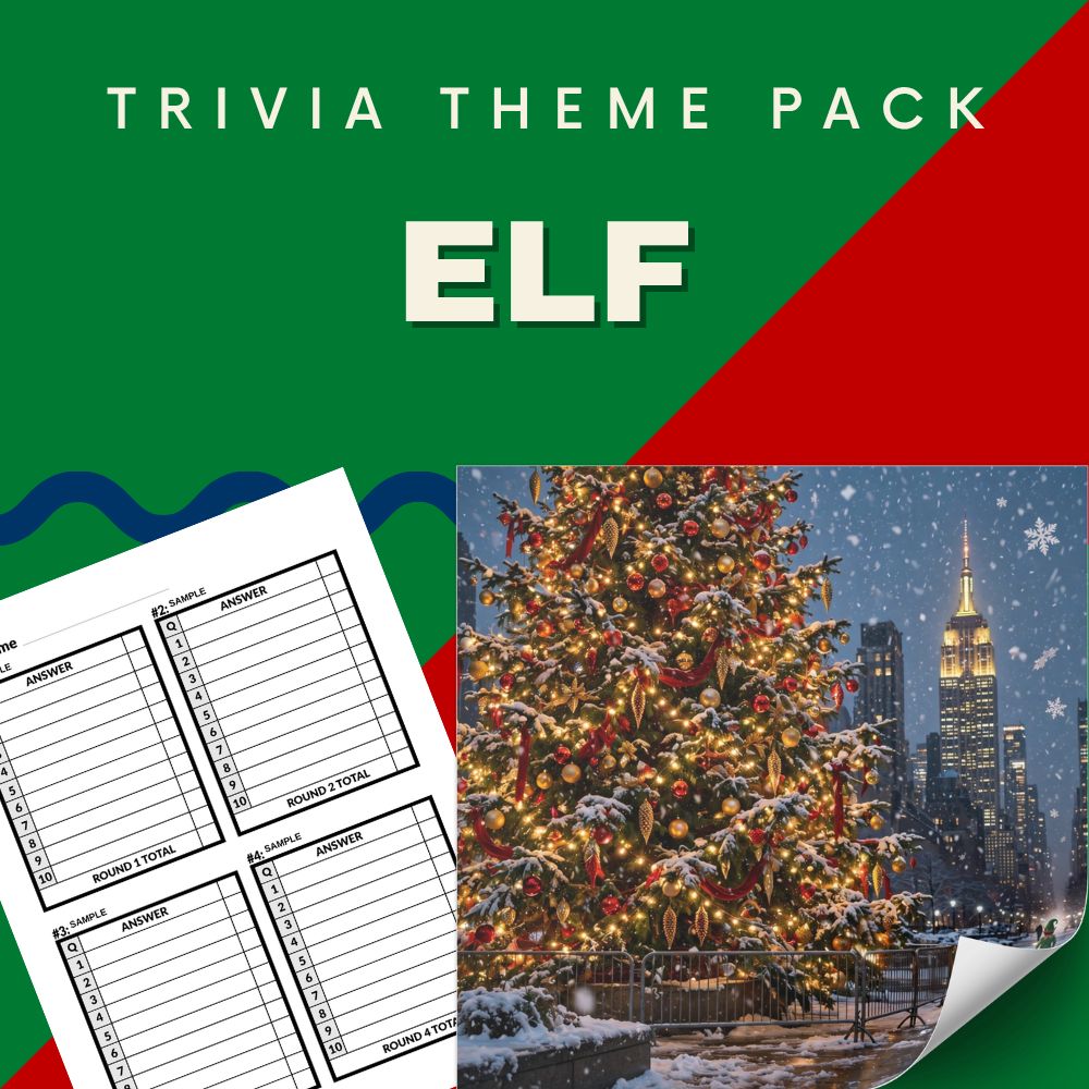 Elf 2003 trivia night theme pack cover - Will Ferrell Buddy the Elf Christmas comedy quiz