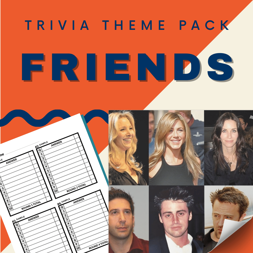 Engage customers with the Friends Trivia Night Theme Pack by Cheap Trivia, featuring a questionnaire and images of the iconic six characters set against an orange and beige backdrop.