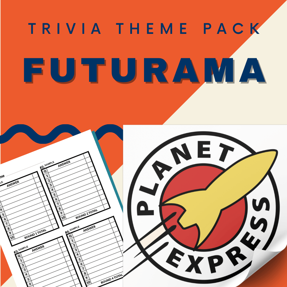 Image of a Cheap Trivia "Futurama Trivia Night Theme Pack" featuring the Planet Express logo and yellow spaceship, ideal for a fun trivia night. Includes answer sheets to test your Futurama knowledge.