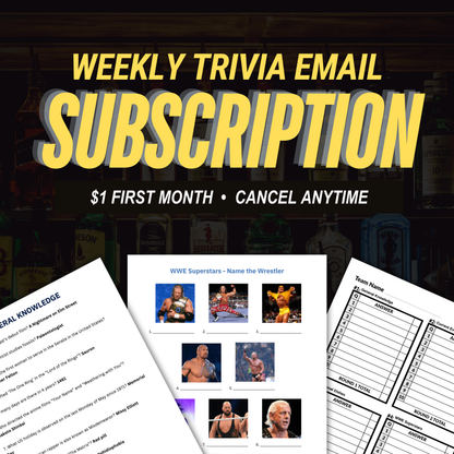Image advertising Cheap Trivia's "Weekly Trivia Subscription — A Complete Trivia Night Every Sunday," offering $1 for the first month, with sample trivia sheets and team forms in front of liquor bottles—ideal for pub quiz fans.
