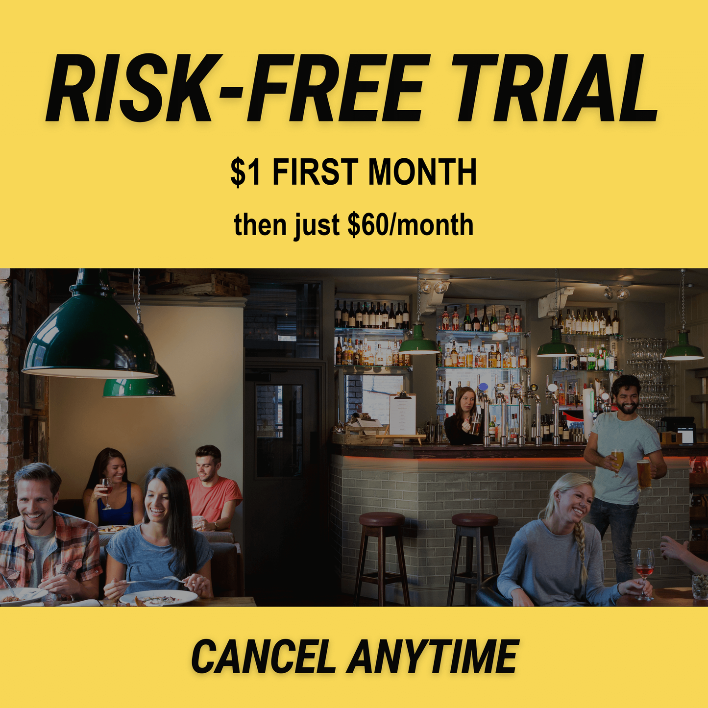 A promotional image with "Risk-Free Trial: $1 First Month. Cancel Anytime" over a photo of people enjoying Weekly Trivia Subscription — A Complete Trivia Night Every Sunday by Cheap Trivia, dining and socializing at a pub quiz.