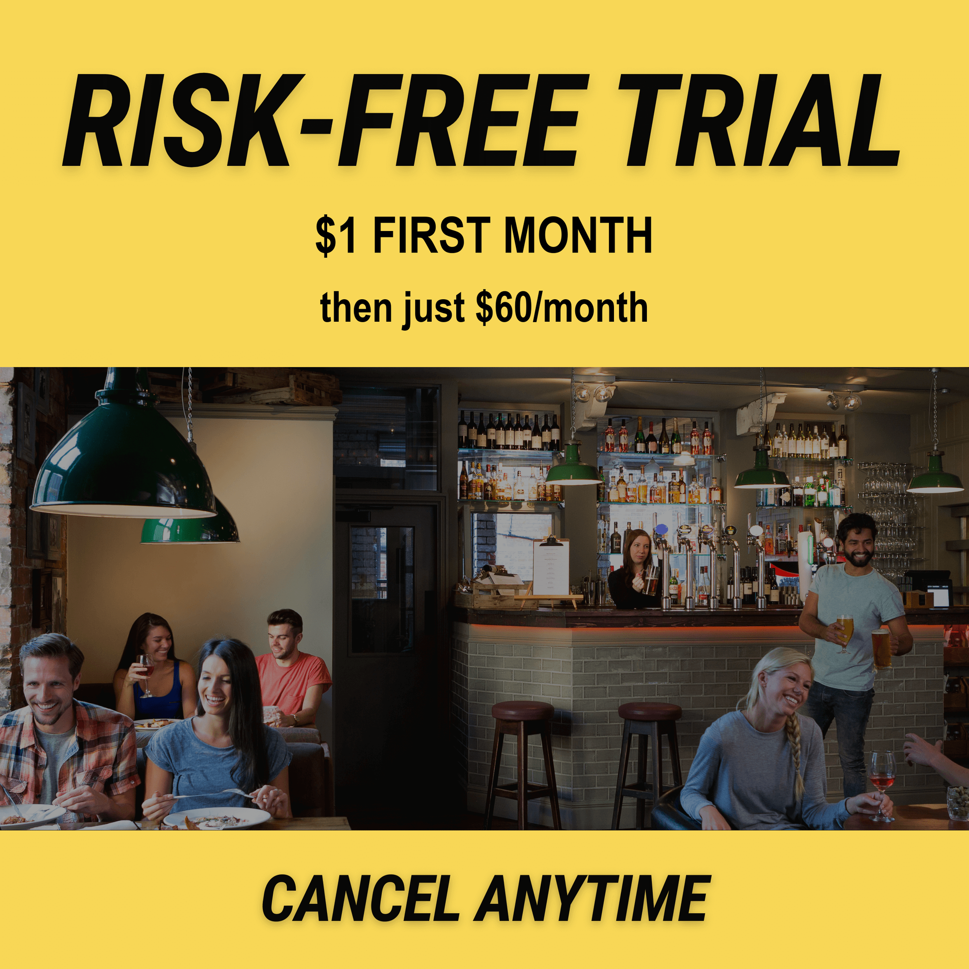 A promotional image with "Risk-Free Trial: $1 First Month. Cancel Anytime" over a photo of people enjoying Weekly Trivia Subscription — A Complete Trivia Night Every Sunday by Cheap Trivia, dining and socializing at a pub quiz.