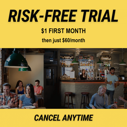 A promotional image with "Risk-Free Trial: $1 First Month. Cancel Anytime" over a photo of people enjoying Weekly Trivia Subscription — A Complete Trivia Night Every Sunday by Cheap Trivia, dining and socializing at a pub quiz.