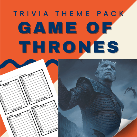 A blue-skinned, armored fantasy character wields a weapon under a dark sky teeming with flying creatures. The text says "Cheap Trivia: Game of Thrones Trivia Night Theme Pack.