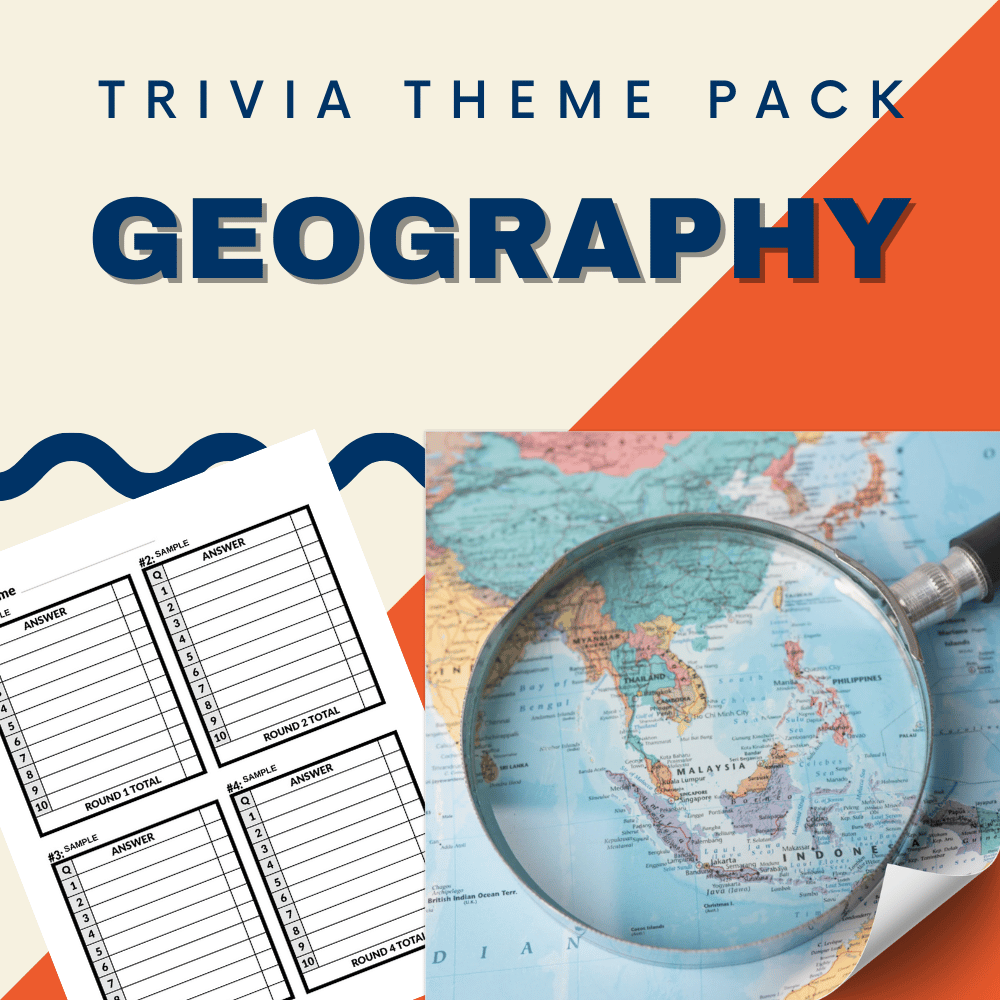 Discover the "Geography Trivia Night Theme Pack" by Cheap Trivia—an adventurous product showcasing a world map under a magnifying glass and answer sheets on the left. Ideal for geography trivia enthusiasts!.