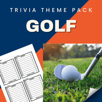 Image of the "Sports Trivia Night Bundle" by Cheap Trivia featuring the "Golf" theme pack, showcasing a quiz sheet and a golf ball on grass near a club against a blue and orange split background.