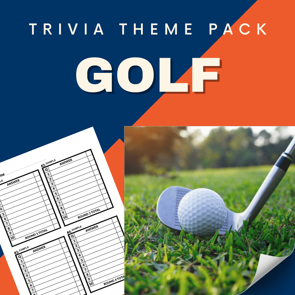 Ideal for golf enthusiasts, the Golf Trivia Night Theme Pack by Cheap Trivia features a score sheet and an image of a golf ball on grass with a club.