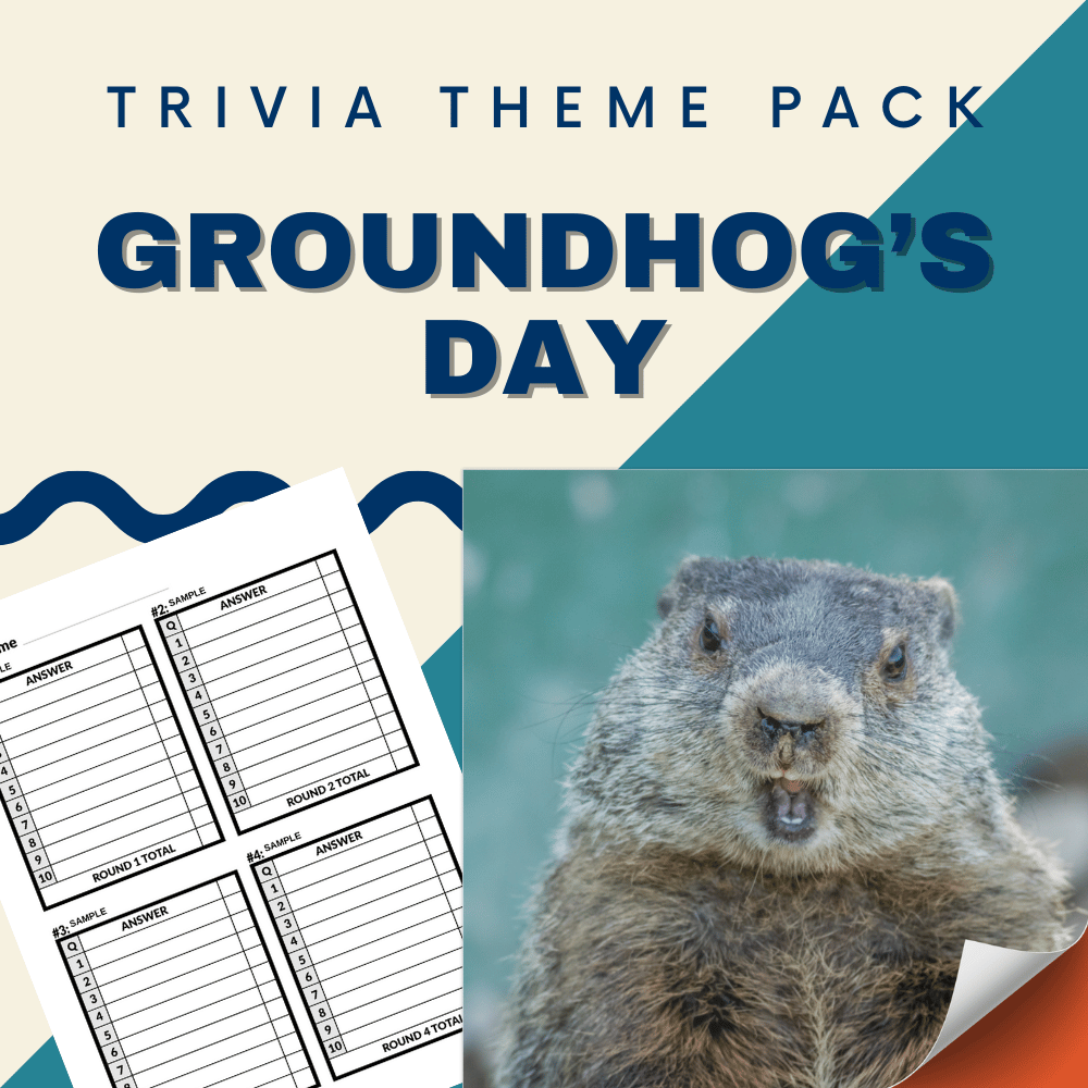 Cover of the Fall & Winter Holiday Trivia Night Bundle by Cheap Trivia with "Groundhog's Day", a groundhog image, and two trivia score sheets on a geometric background.