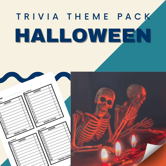 The Halloween Trivia Night Theme Pack by Cheap Trivia features a spooky image of a skeleton surrounded by lit candles and blank answer sheets for eerie fun.