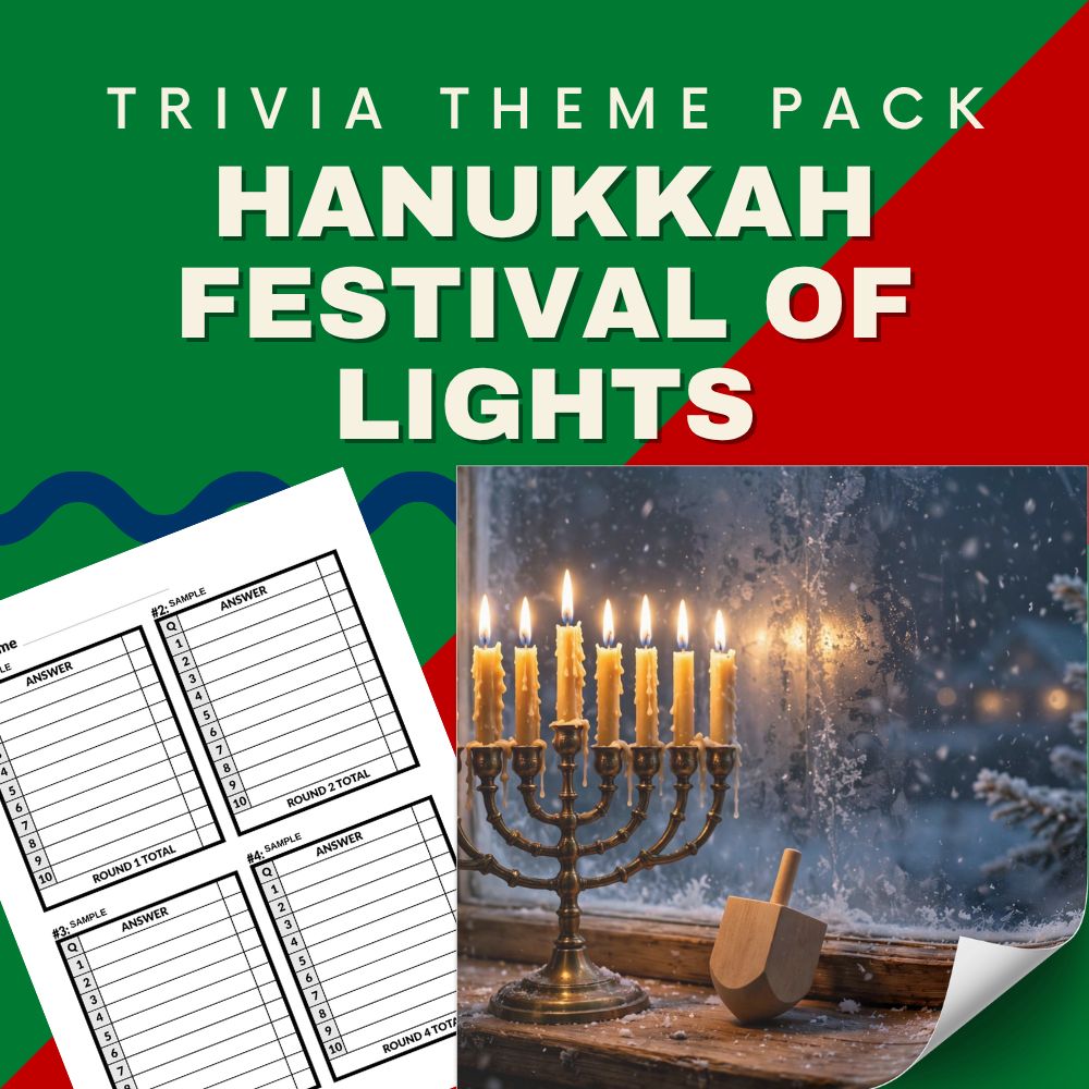 Hanukkah Festival of Lights trivia night theme pack cover - menorah dreidel Jewish holiday quiz