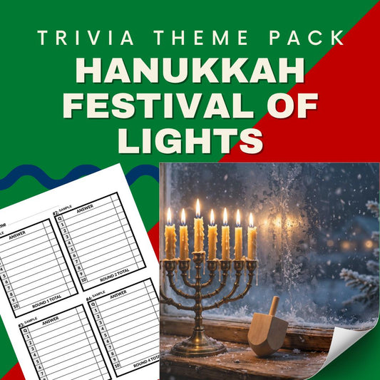 Hanukkah Festival of Lights trivia night theme pack cover - menorah dreidel Jewish holiday quiz