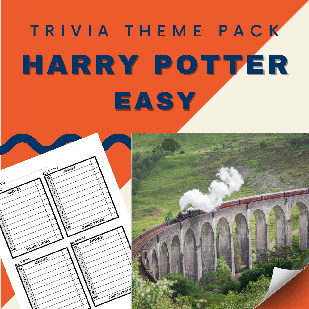 The Harry Potter Trivia Night Bundle by Cheap Trivia has an artful cover featuring a train on a viaduct, reminiscent of beloved Potter scenes. The quiz sheets pop against an orange and beige background, welcoming you into the magical world of Hogwarts.