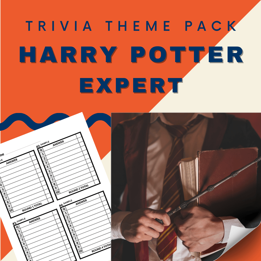 Discover the Harry Potter Trivia Night Theme Pack (EXPERT) by Cheap Trivia, featuring a trivia book and wand. Dive into challenging Wizarding World questions with trivia answer sheets nearby, completing the magical experience.