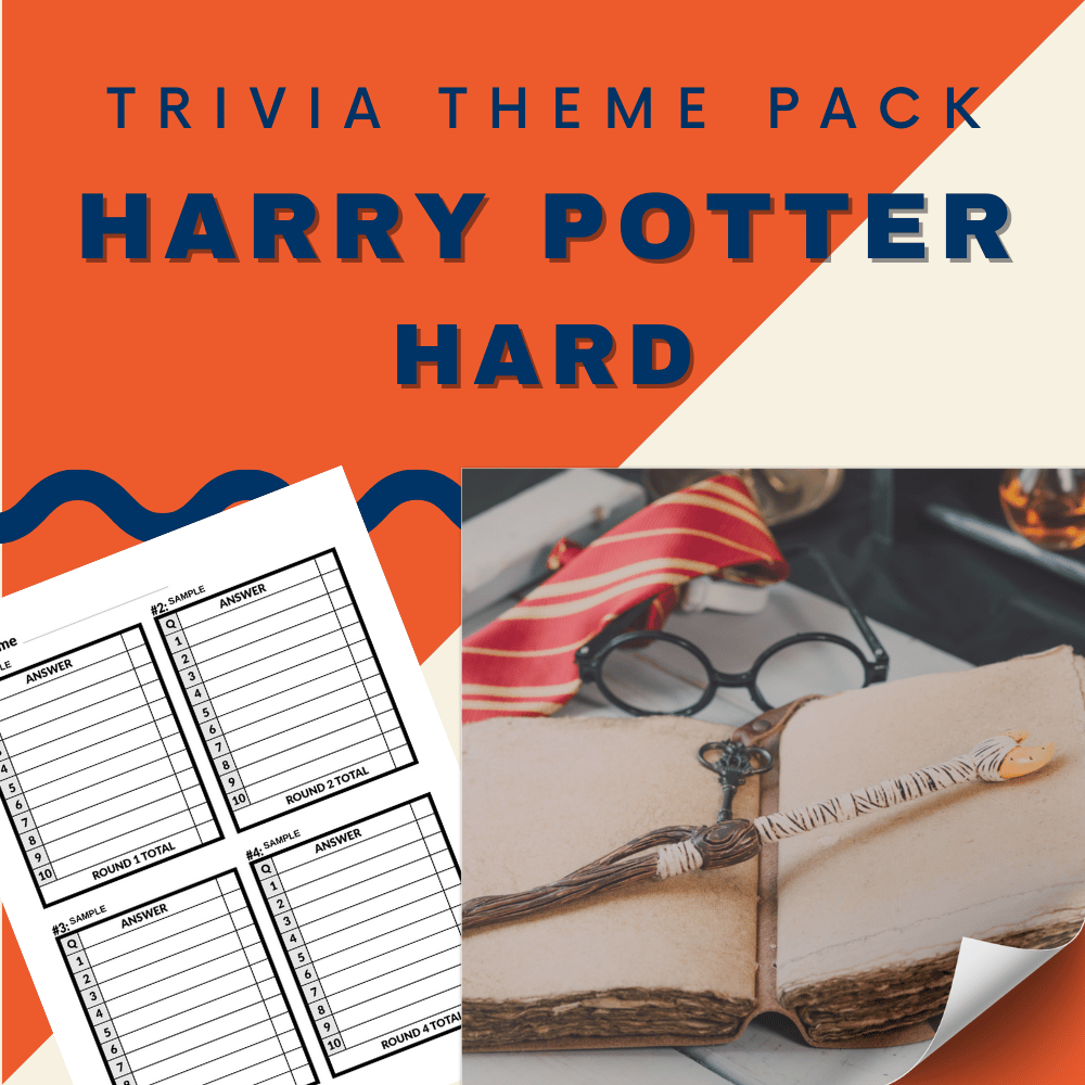 The "Harry Potter Trivia Night Bundle" by Cheap Trivia is the perfect set for Potterheads, showcasing a cover with an open book, wand, and glasses, plus Hogwarts score sheets.