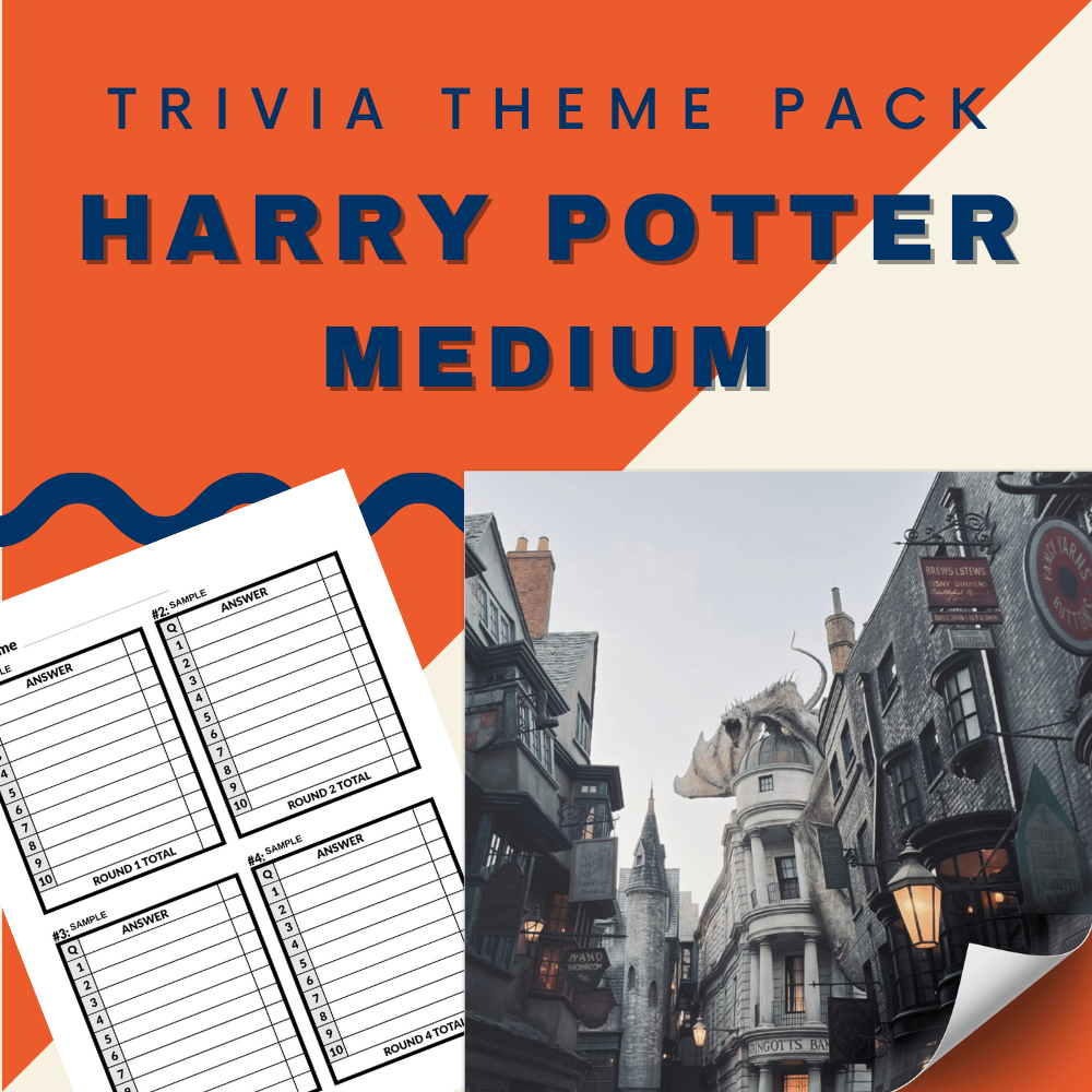 The Harry Potter Trivia Night Theme Pack (MEDIUM) by Cheap Trivia offers engaging quiz sheets with a Diagon Alley scene and dragon, ideal for Potterheads.