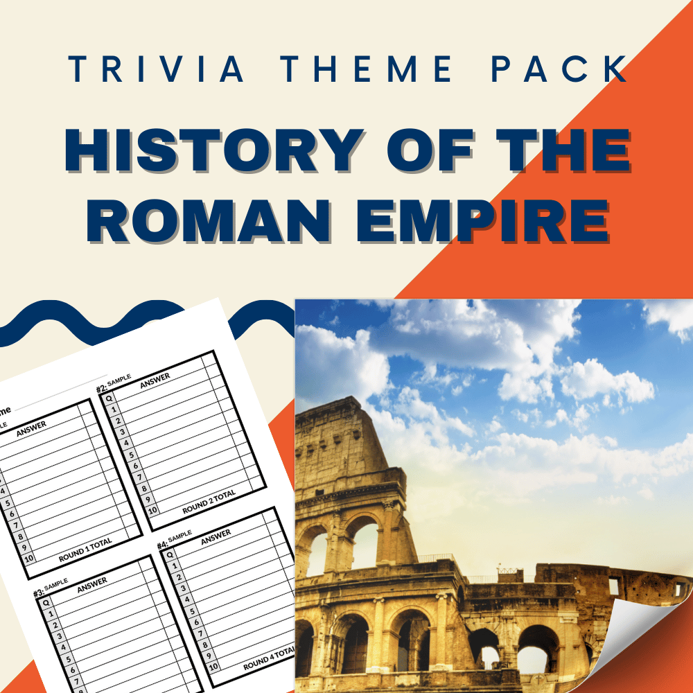 The "Roman Empire Trivia Night Theme Pack" from Cheap Trivia features an image of the Colosseum titled "History of the Roman Empire," with trivia sheets on the left set against a cloudy sky backdrop.