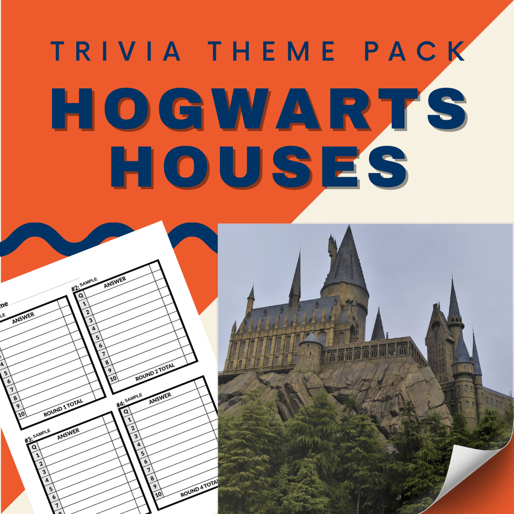 Explore the "Hogwarts Houses Trivia Night Theme Pack" by Cheap Trivia, featuring a majestic castle image and lined answer sheets. Perfect for Harry Potter fans, this enchanting collection will test your knowledge of the wizarding world!.