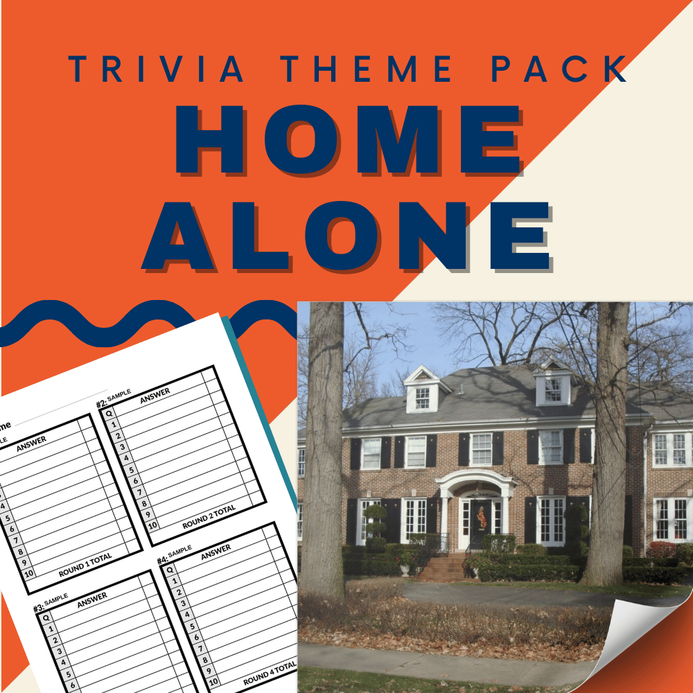 The Cheap Trivia Home Alone Trivia Night Theme Pack features a cover with a large house and includes score sheets, ideal for a trivia night inspired by the Christmas classic.