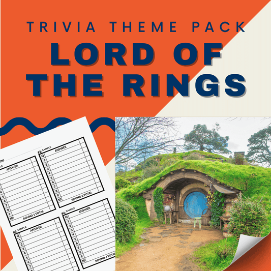 The cover of the "Lord of the Rings Trivia Night Theme Pack" by Cheap Trivia features answer sheets and a charming Middle-earth hobbit house with lush green turf and a bright blue door.