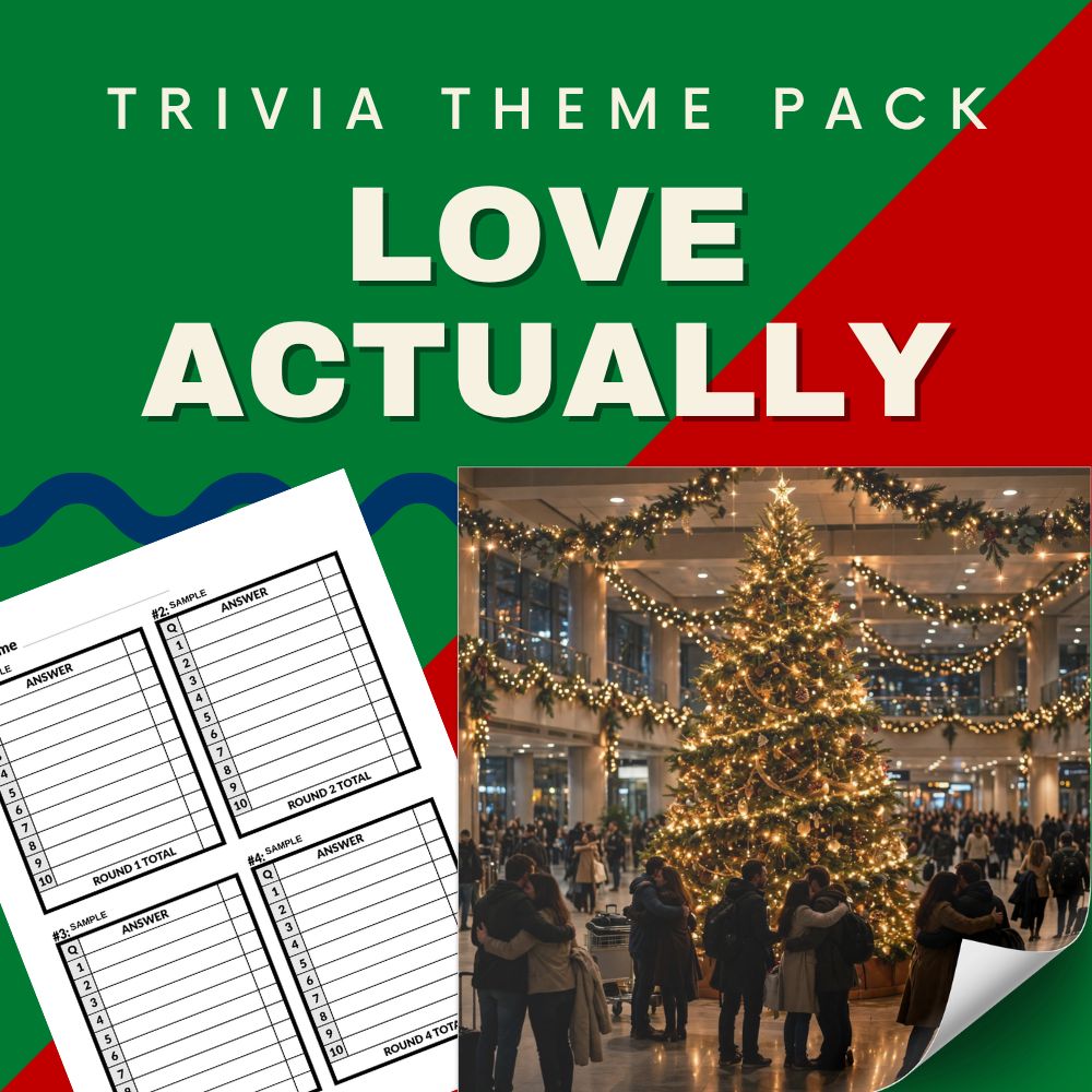 Love Actually 2003 trivia night theme pack cover - Richard Curtis British Christmas romcom quiz