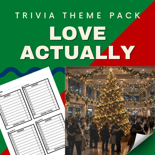 Love Actually 2003 trivia night theme pack cover - Richard Curtis British Christmas romcom quiz