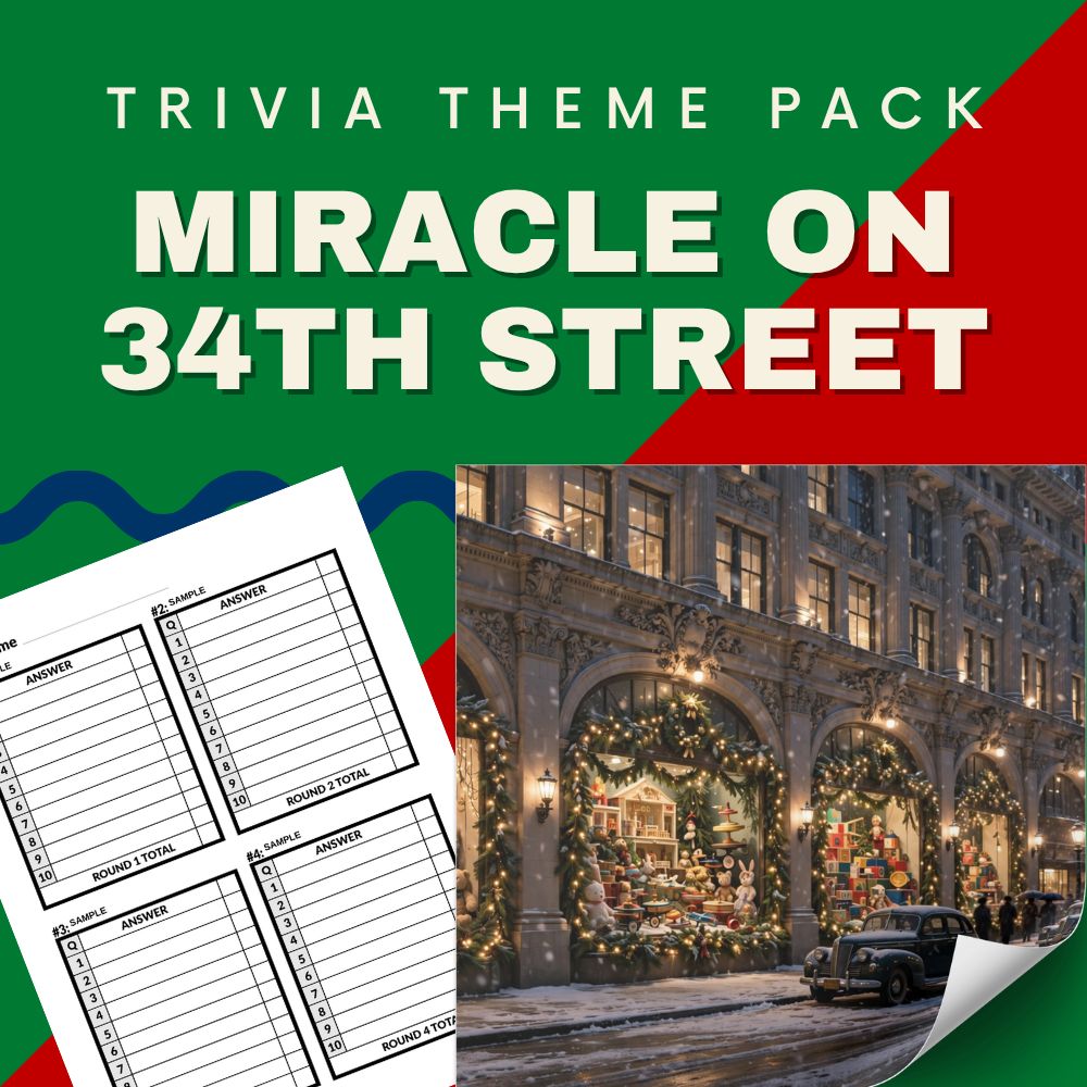 Miracle on 34th Street trivia night theme pack cover - 1947 Christmas classic film quiz questions