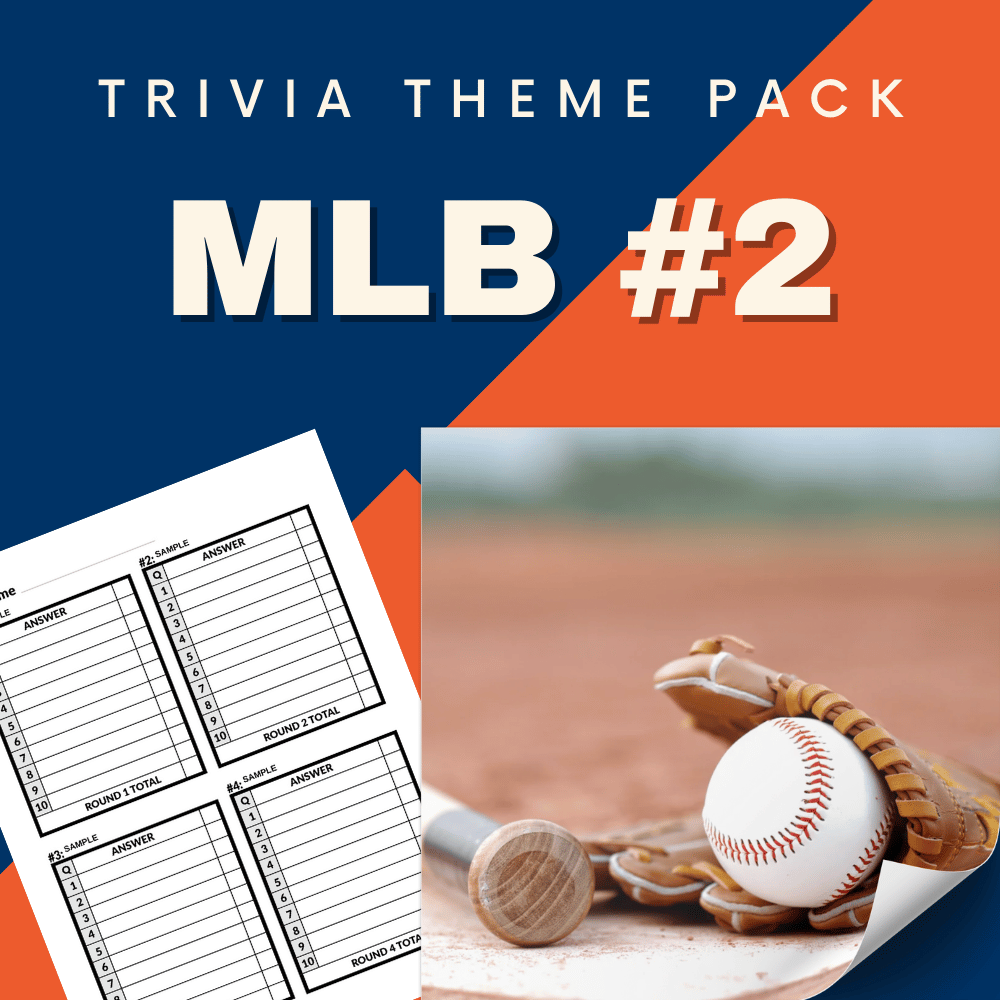 The Cheap Trivia Sports Trivia Night Bundle's theme pack cover showcases "MLB #2," a score sheet on the left, and a baseball in a mitt on the right field.