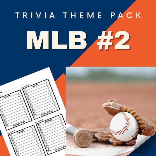 The MLB #2 Trivia Night Theme Pack by Cheap Trivia features an image of a baseball and glove on the field, ideal for dedicated Major League Baseball fans, with a trivia answer sheet nearby.