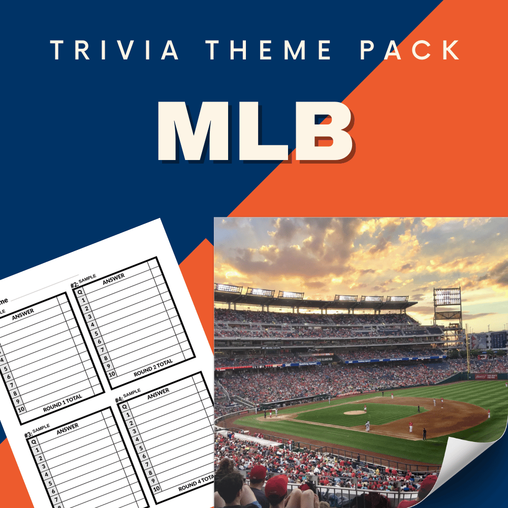 Cheap Trivia’s Sports Trivia Night Bundle features a cover with a baseball stadium photo and trivia score sheet design.