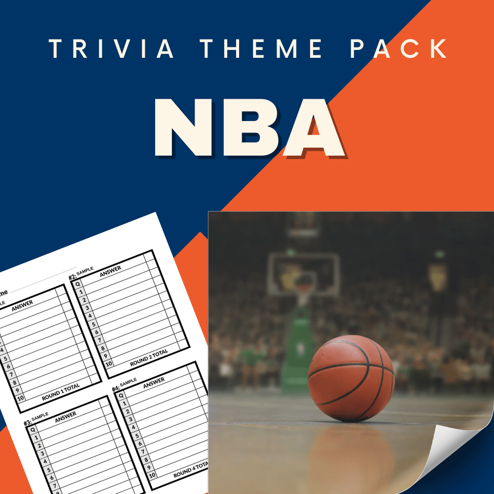 Sports Trivia Night Bundle by Cheap Trivia features a cover with a basketball on a court and quiz answer sheets.