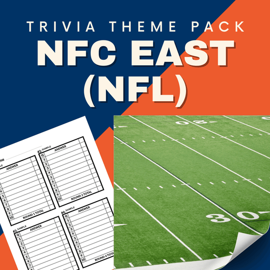 Check out Cheap Trivia's NFC East (NFL) Trivia Night Theme Pack! Perfect for football experts, it features trivia answer sheets on a vivid football field design. Test your knowledge on Super Bowl victories and more!.