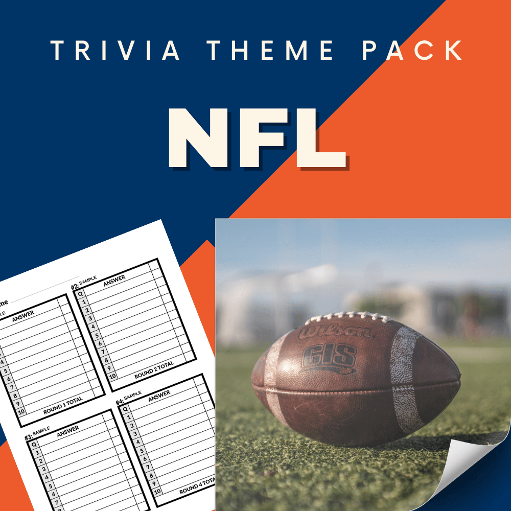 The Sports Trivia Night Bundle by Cheap Trivia features an NFL-themed pack with a football on grass alongside a blank answer sheet.