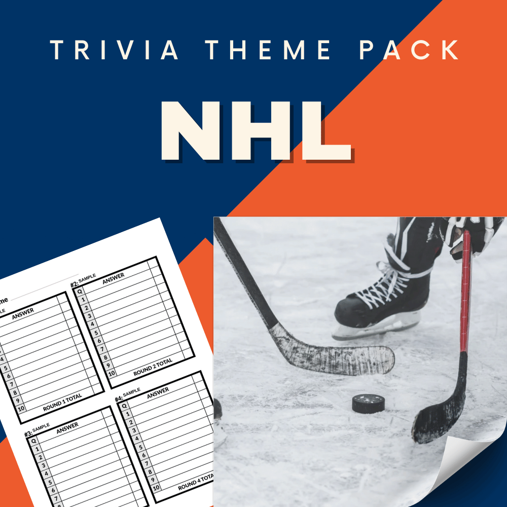 NHL-themed image from the Sports Trivia Night Bundle by Cheap Trivia features a trivia score sheet and a close-up of hockey players' legs and sticks on ice.