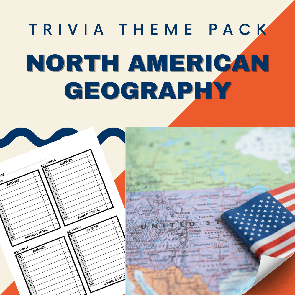 Check out Cheap Trivia’s "North American Geography Trivia Night Theme Pack" with engaging questions, an image of an answer sheet, a map, and a small American flag—ideal for your next trivia event!.