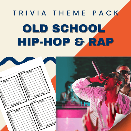 Cover for Old School Trivia, Hip-Hop & Rap Theme Pack by Cheap Trivia featuring “Old School Hip-Hop & Rap” text, a performer with a microphone, and answer sheets for Rap Trivia Night.